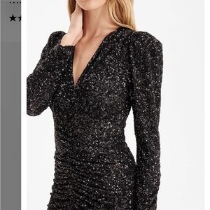 Express Sequin V-Neck Puff Shoulder Ruched Midi Sheath Dress